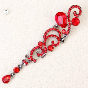 Vintage red rhinestone water-drop earrings with baroque vine design in gun-black finish
