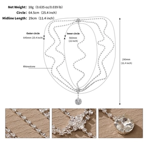 Detailed view of silver rhinestone head chain with layered crystal fringe and dimensions