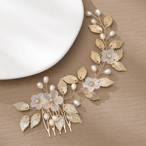 Peigne à cheveux de mariée doré avec perles et fleurs givrées pour coiffures chinoises