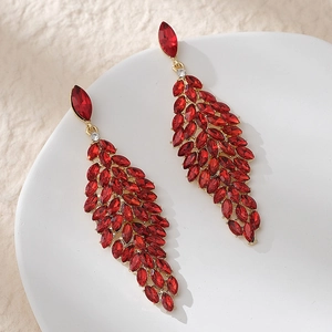 Elegant red marquise rhinestone leaf drop earrings with gold plating for bridal occasions