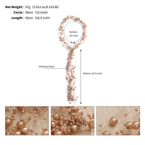 Detail view of handmade pearl headband with dimensions and tassel structure specifications