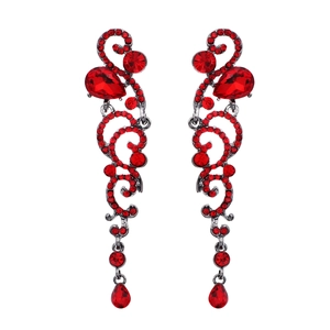 Vintage bridal teardrop earrings with red crystals and dark silver filigree design