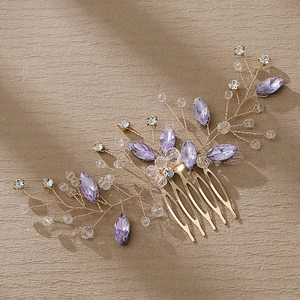 Handmade gold wire hair comb with purple crystals and rhinestones for weddings