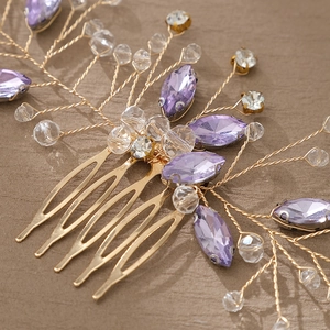 Handmade gold hair comb with purple crystals for traditional Chinese wedding hairstyles