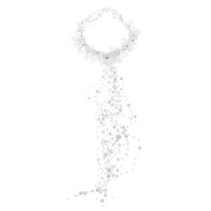 Detailed macro of white silk flower petals and layered pearl tassels for bridal headbands