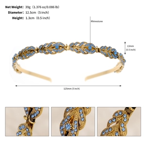 Macro detail of vintage gold leaf tiara with light blue rhinestones and dimensions