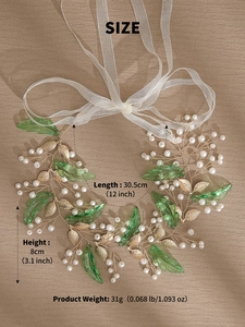 Detailed view of leaf bridal headband with measurements 12 inch length and 3.1 inch height