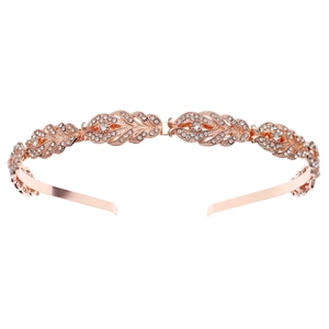 Detailed macro view of rose gold leaf tiara with sparkling crystal rhinestones
