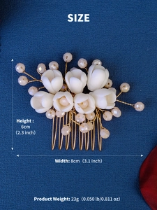 Detail view showing dimensions of white floral bridal hair comb with pearls and beads