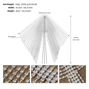 Detailed view of rhinestone fringe headpiece showing size specs and silver plating