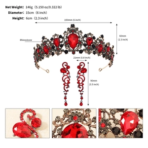 Detailed view of red and black rhinestone tiara and earrings set with measurements