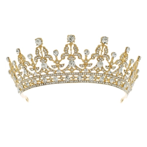 Golden Baroque bridal crown with brilliant rhinestones and intricate hollow patterns
