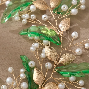 Bridal leaf headband with green resin leaves, golden metal foliage and white pearls
