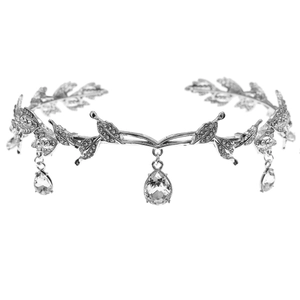 Silver elf princess crown headband with leaf patterns and crystal water drop pendant