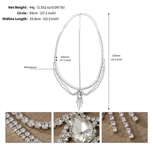 Detailed size chart and specifications for silver layered rhinestone tassel hair chain