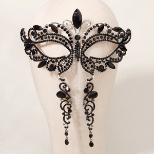 Masque Papillon Gothique Strass Noirs Et Boucles d'Oreilles Longues à Pompons Pour Halloween Banquet Fête Bijoux Femme