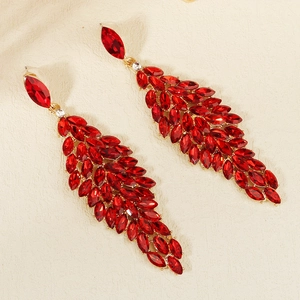 Elegant red crystal leaf drop earrings with gold plating for wedding party and prom