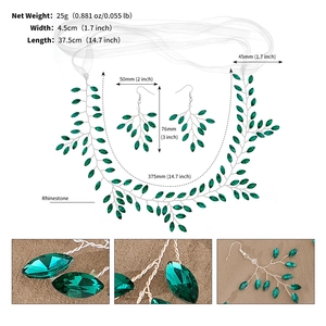 Détails du serre-tête en strass vert et boucles d'oreilles avec dimensions précises