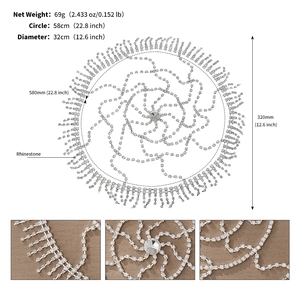 Detailed view of silver rhinestone fringe headpiece with weight and size specifications