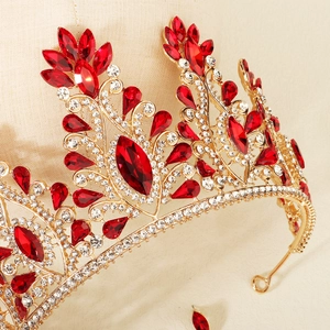 Exquisite gold alloy royal crown with red crystals and white rhinestones for weddings