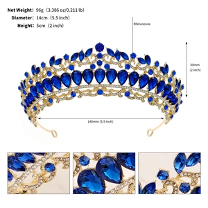 Detailed view of luxury gold bridal tiara with blue rhinestones and 14cm diameter sizing