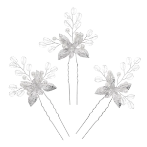 Elegantes Braut-Haarnadel-Set mit silbernen Blütenblättern, Perlen und Kristallen