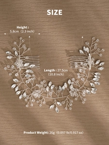 Detailed view of handmade bridal hair comb size dimensions and marquise rhinestones