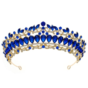 Luxury vintage gold tiara with deep blue waterdrop crystals and sparkling rhinestones