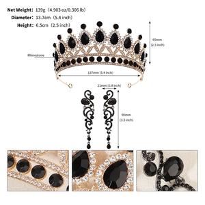 Detailed size specifications for the vintage black crystal crown and earring jewelry set