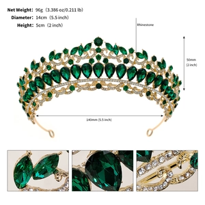 Detailed macro view of bridal tiara featuring green marquise rhinestones and gold alloy frame