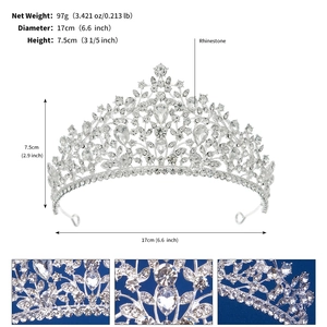 Detail showing dimensions of silver rhinestone bridal tiara with 17cm diameter and 7.5cm height