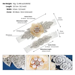 Detailed size chart for lace bridal garter set featuring rhinestones and imitation pearls
