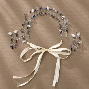 Chinese bridal hair ribbon and earring set with colorful marquise rhinestones and beads