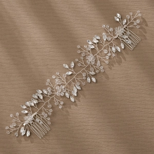 Exquisite bridal hair comb with silver leaf vines and clear crystal rhinestones