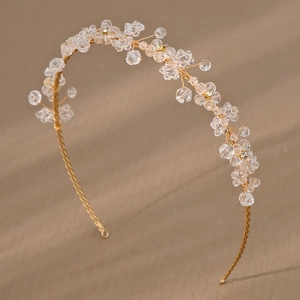 Handgefertigter Braut Haarreif mit Kristallblüten auf Golddraht für Hochzeit Frisuren