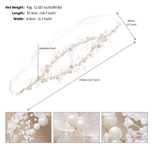 Vue détaillée du bandeau floral fait main avec perles montrant dimensions et texture