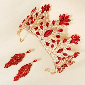 Elegant gold bridal jewelry set featuring a red crystal crown and matching drop earrings