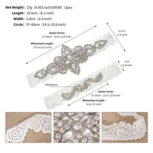 Detailed size chart for bridal rhinestone and pearl garter set with exact measurements