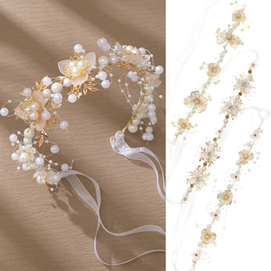 Bandeau de Mariée Fait Main Élégant avec Fleurs Künstliche Perles et Feuilles d'Or pour Mariage Fête Femmes Filles Accessoires Coiffure