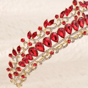 Luxury gold tiara with red teardrop stones and marquise rhinestones for bridal weddings