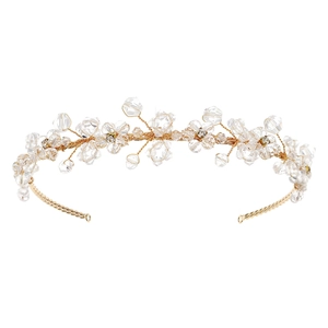 Handgefertigtes Braut-Stirnband mit Golddraht und transparenten Kristallblumen