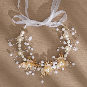 Bandeau fait main de style chinois avec perles blanches et feuilles dorées pour femmes