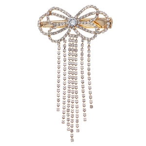 Elegant gold bow hair clip with sparkling rhinestone tassels for women's hair styling