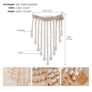 Close-up of crescent hair clip with rhinestone tassels and dimensions 5.2cm by 8.5cm