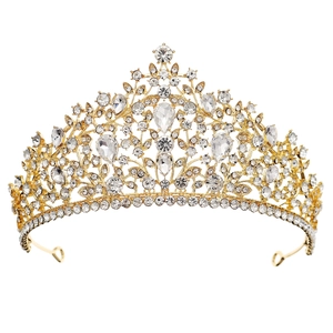 Luxurious gold bridal tiara with sparkling crystal rhinestones for wedding and pageant events