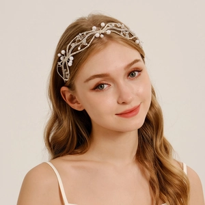 Handmade Beaded Crystal Bridal Headband Retro Floral Wedding Hair Accessories With Rhinestone And Artificial Pearl For Women
