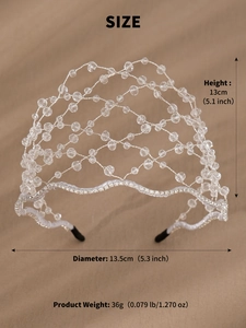 Detailed view of handmade crystal bridal headband with mesh design and sizing details
