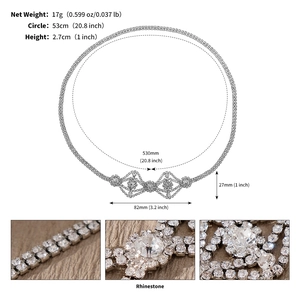 Macro detail of multilayer silver rhinestone choker showing dimensions and 17g weight