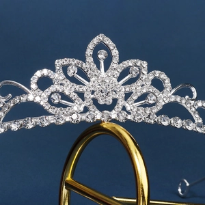 Close-up of a silver rhinestone crown showing intricate floral patterns on a gold stand
