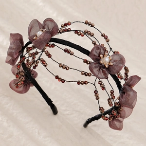 Ethnic handmade beaded headband with vintage mesh flowers and crystals for women